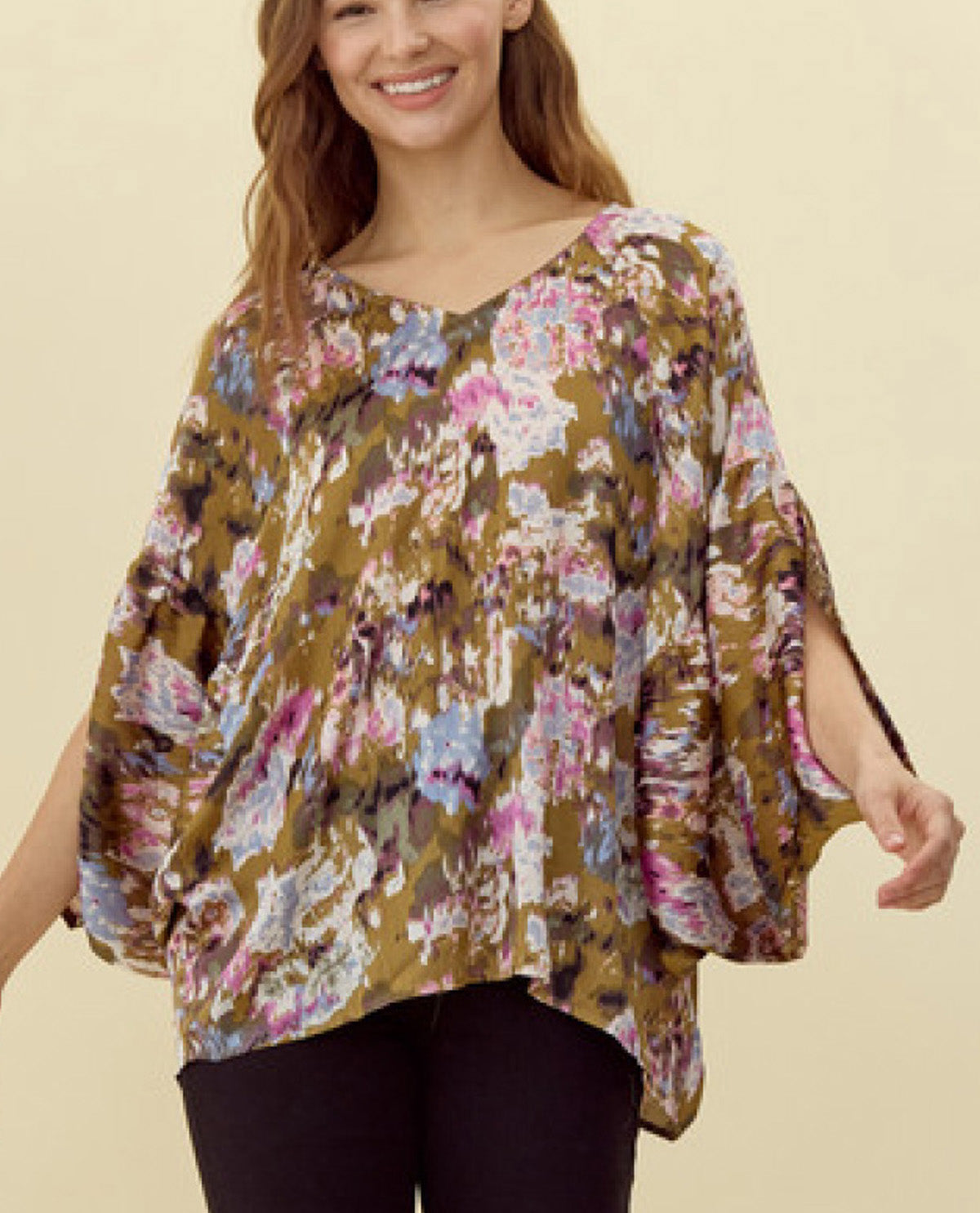 Abstract Floral Print Top with Draped Sleeves