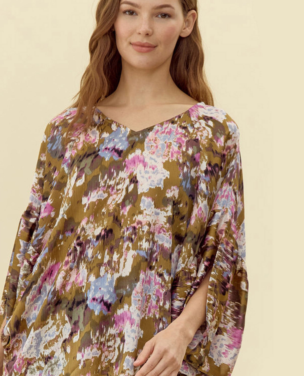 Abstract Floral Print Top with Draped Sleeves