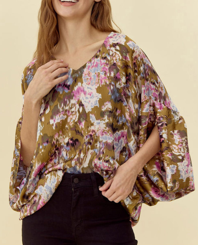 Abstract Floral Print Top with Draped Sleeves