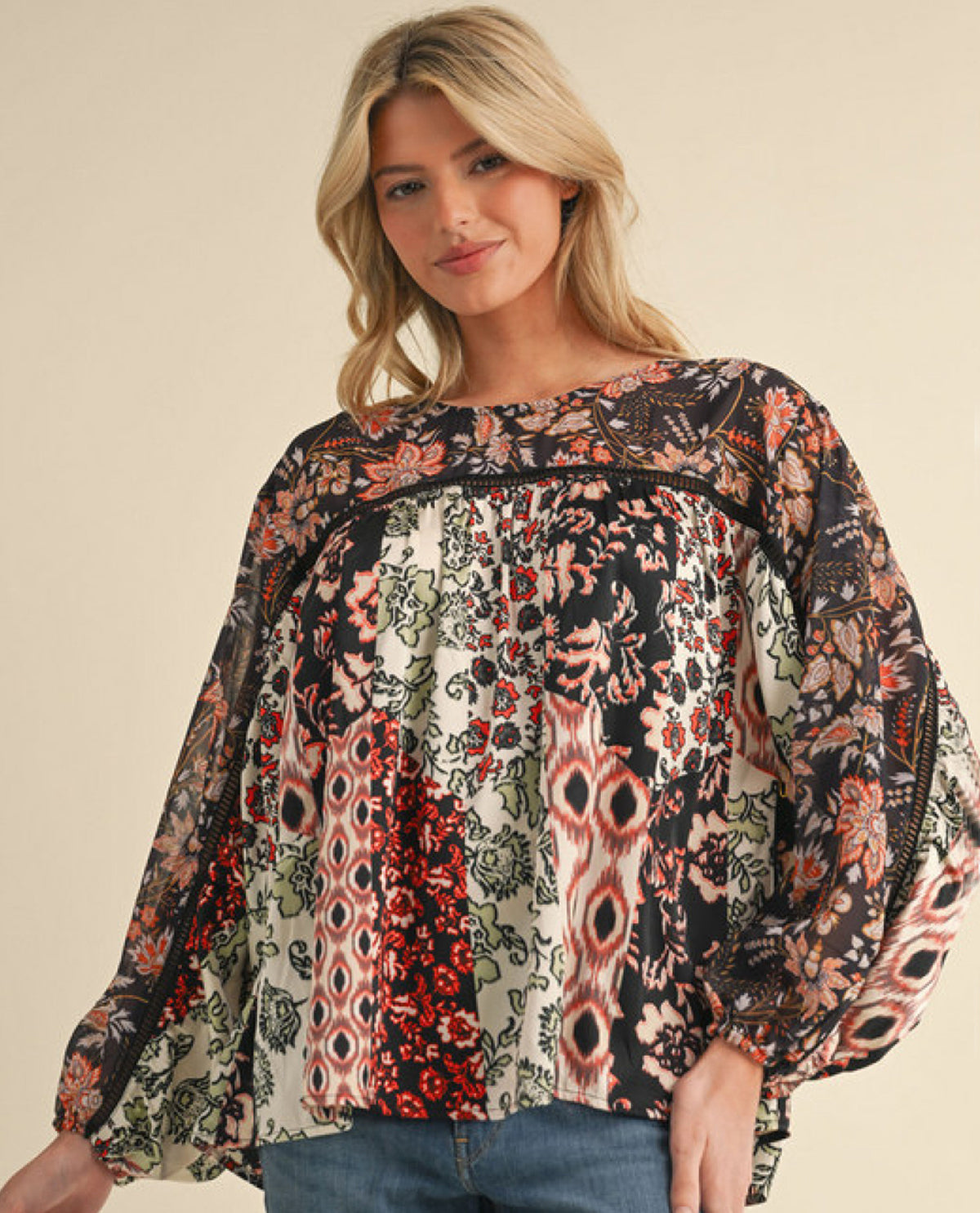 Multi-Color Floral Top with Voluminous Sleeves