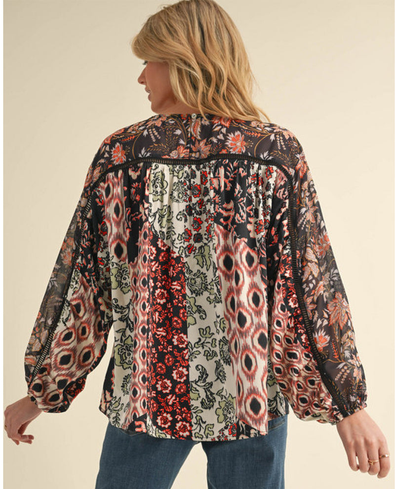 Multi-Color Floral Top with Voluminous Sleeves