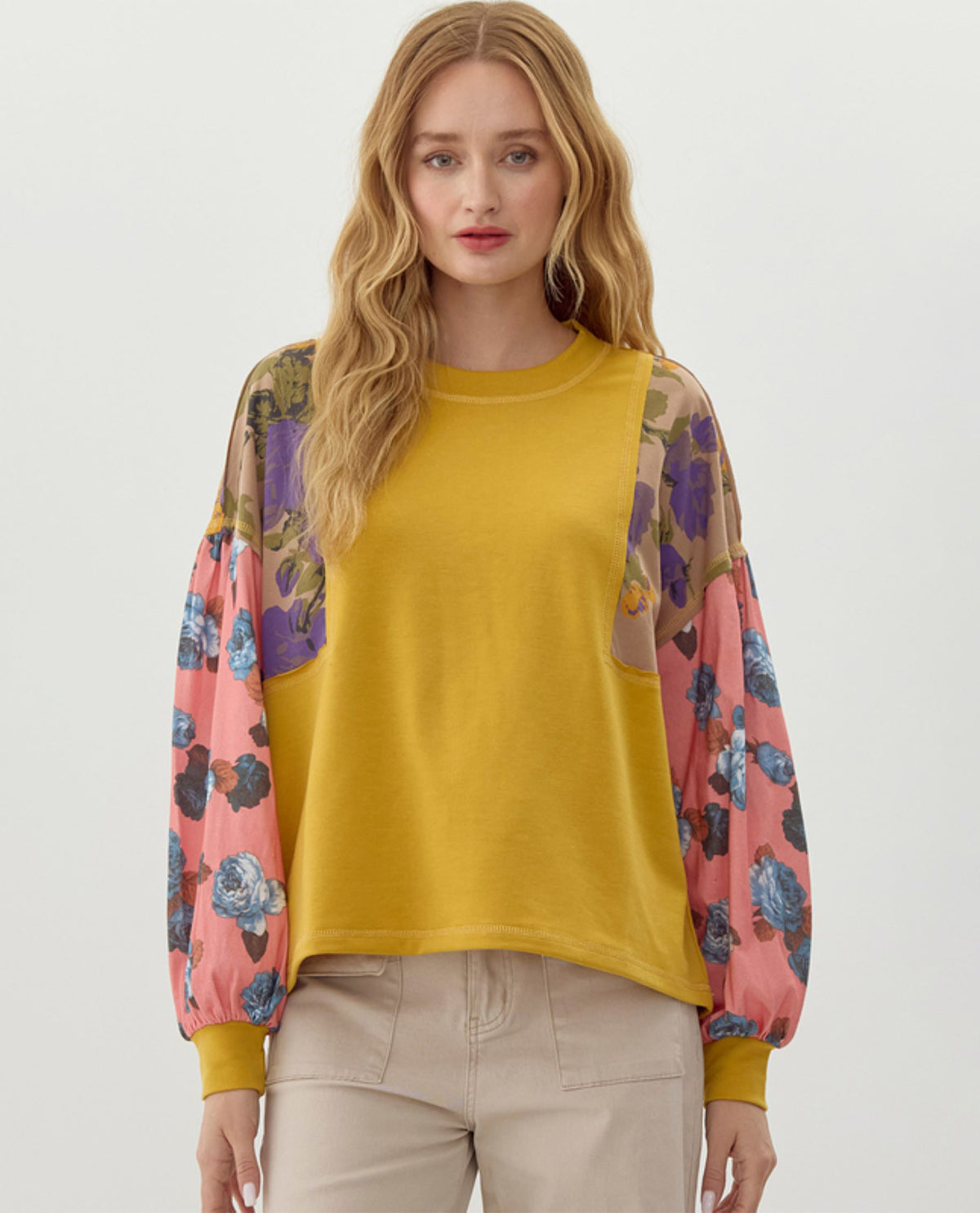 Vibrant Colorblock Floral Sleeve Top