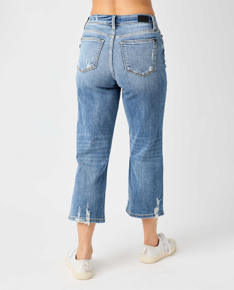Judy Blue Button Fly Wide Leg Crop with Destroy Jeans