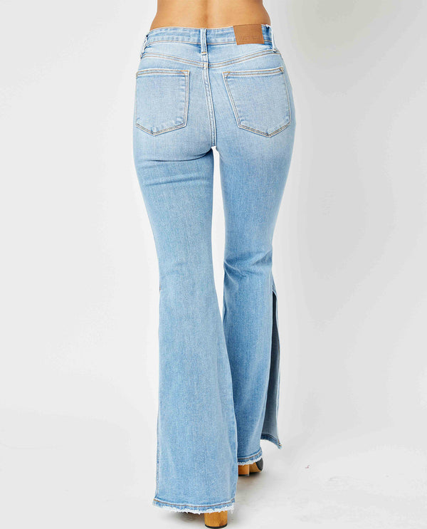 Judy Blue Mid-Rise Peak-a-Boot Hem Slit Flare Jeans