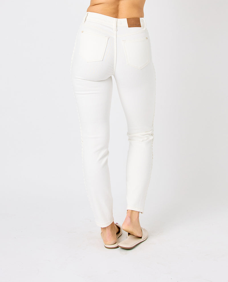Judy Blue Mid Rise SS Braided Detail Relaxed Jeans