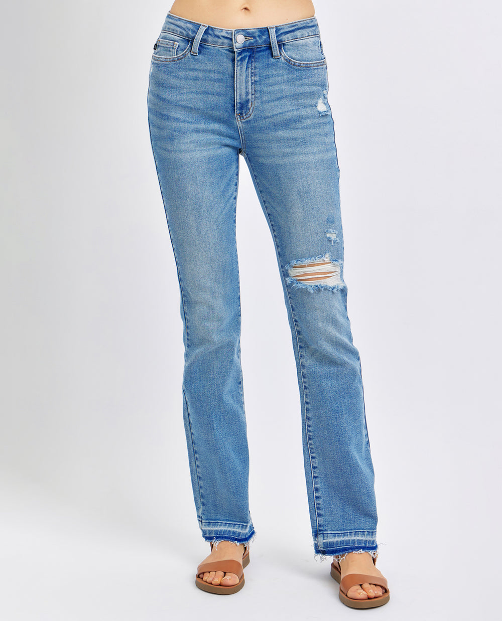 Judy Blue Mid Rise Destroy & Released Hem Bootcut Jeans 