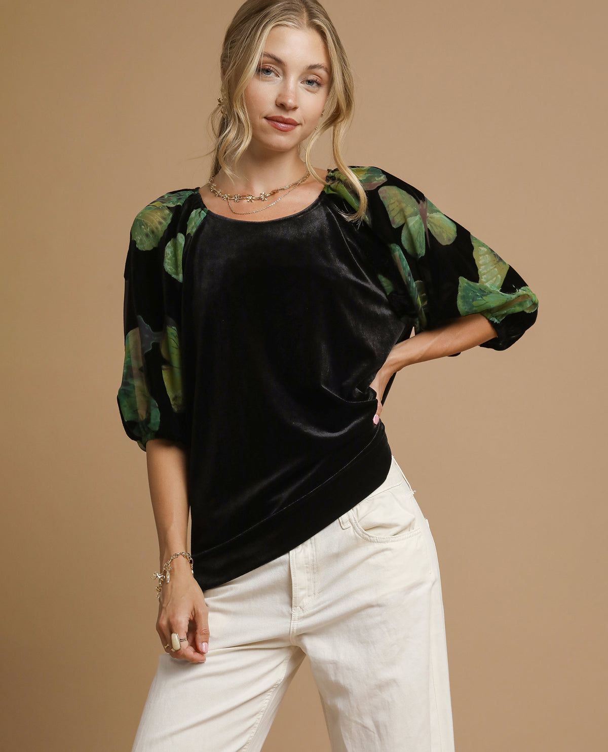 Umgee Velvet Top with Contrast Sleeve