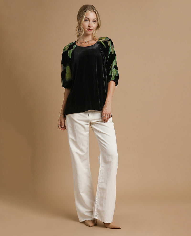 Umgee Velvet Top with Contrast Sleeve
