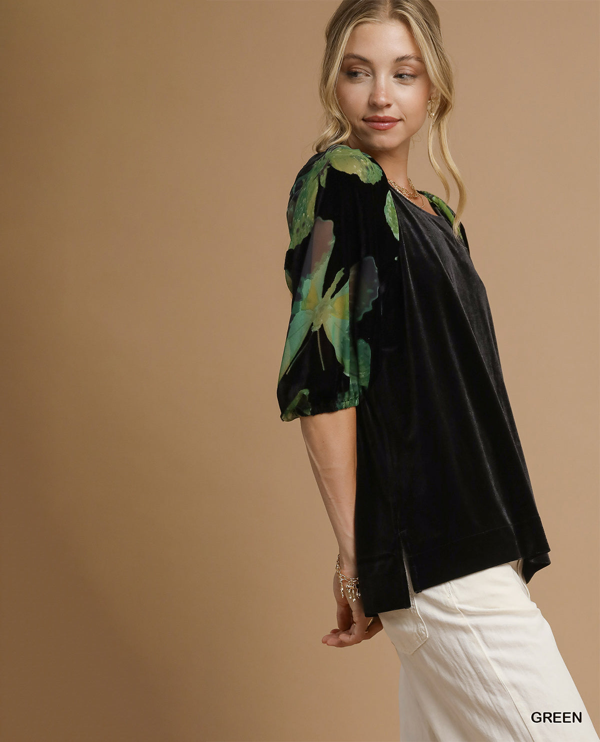 Umgee Velvet Top with Contrast Sleeve