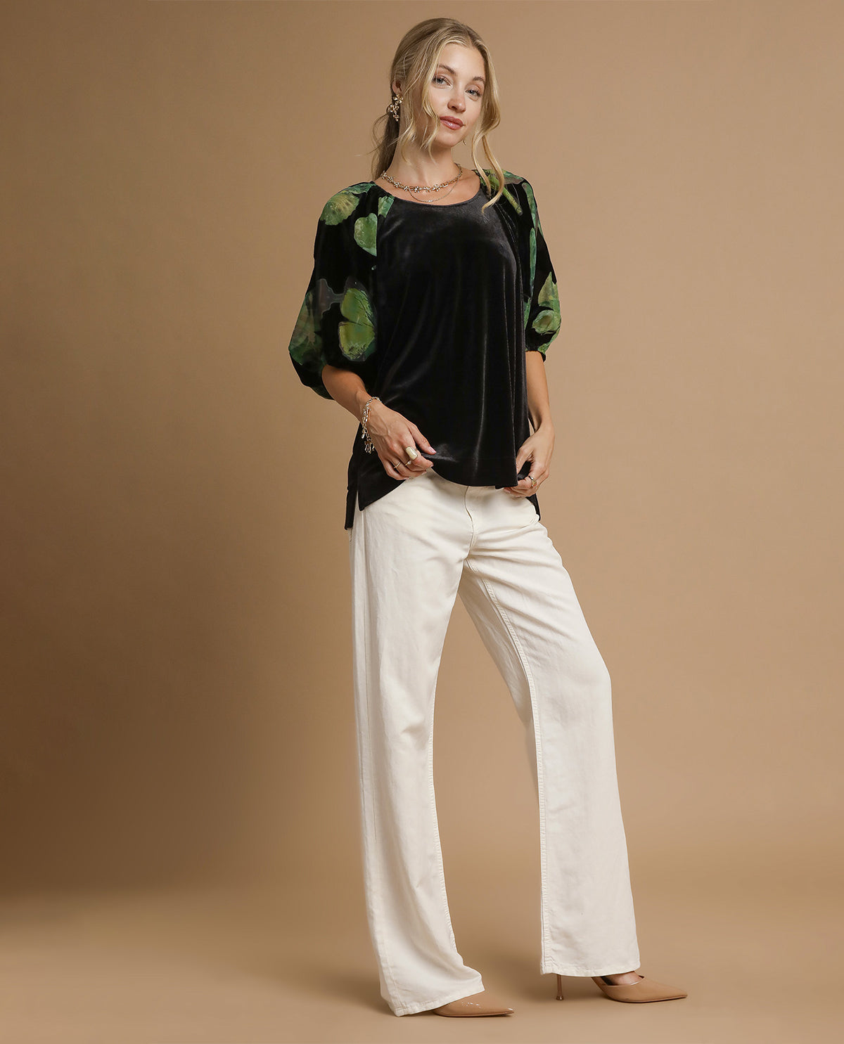 Umgee Velvet Top with Contrast Sleeve