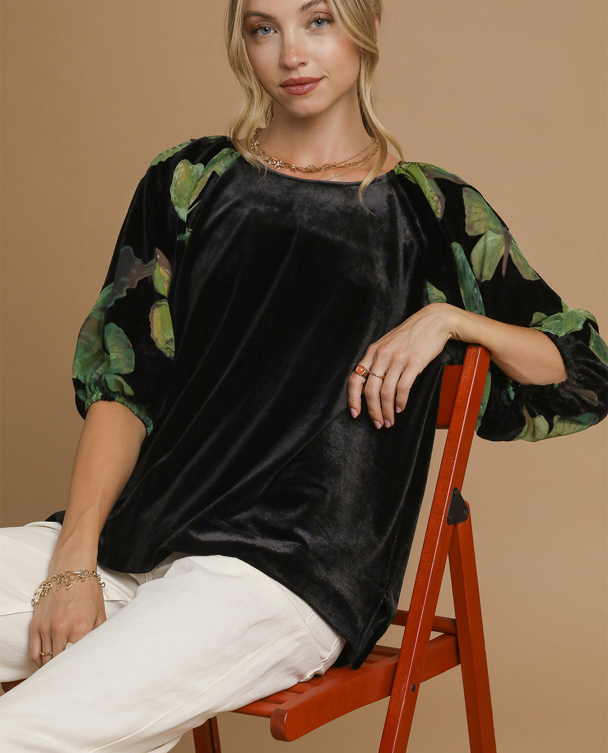 Umgee Velvet Top with Contrast Sleeve