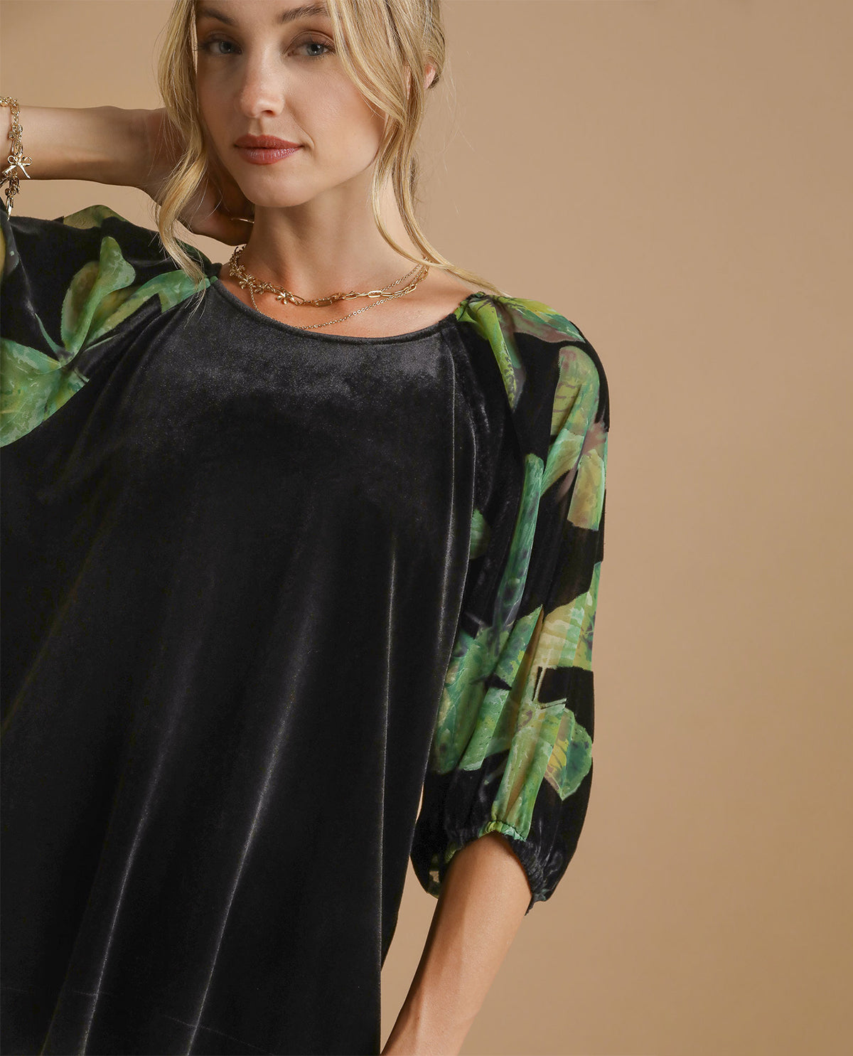 Umgee Velvet Top with Contrast Sleeve