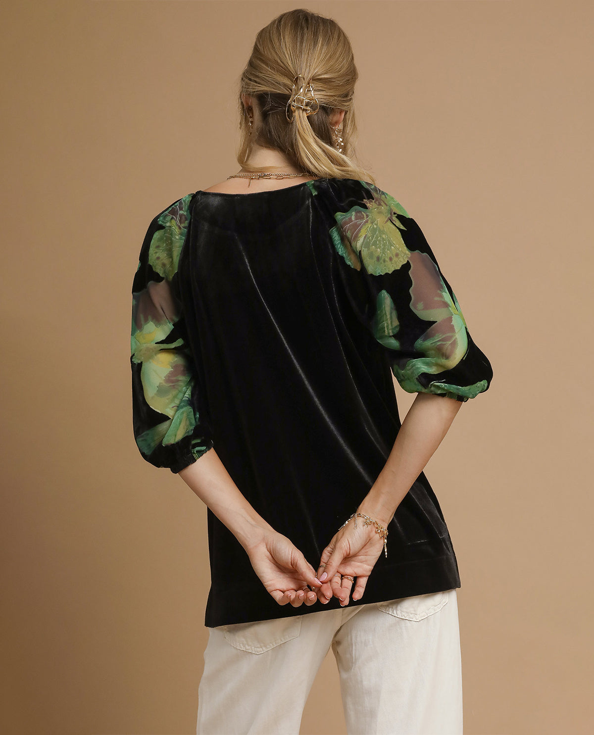 Umgee Velvet Top with Contrast Sleeve