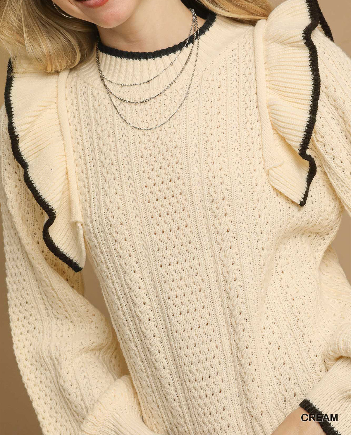Umgee Ruffle Shoulder Texture Knit Sweater