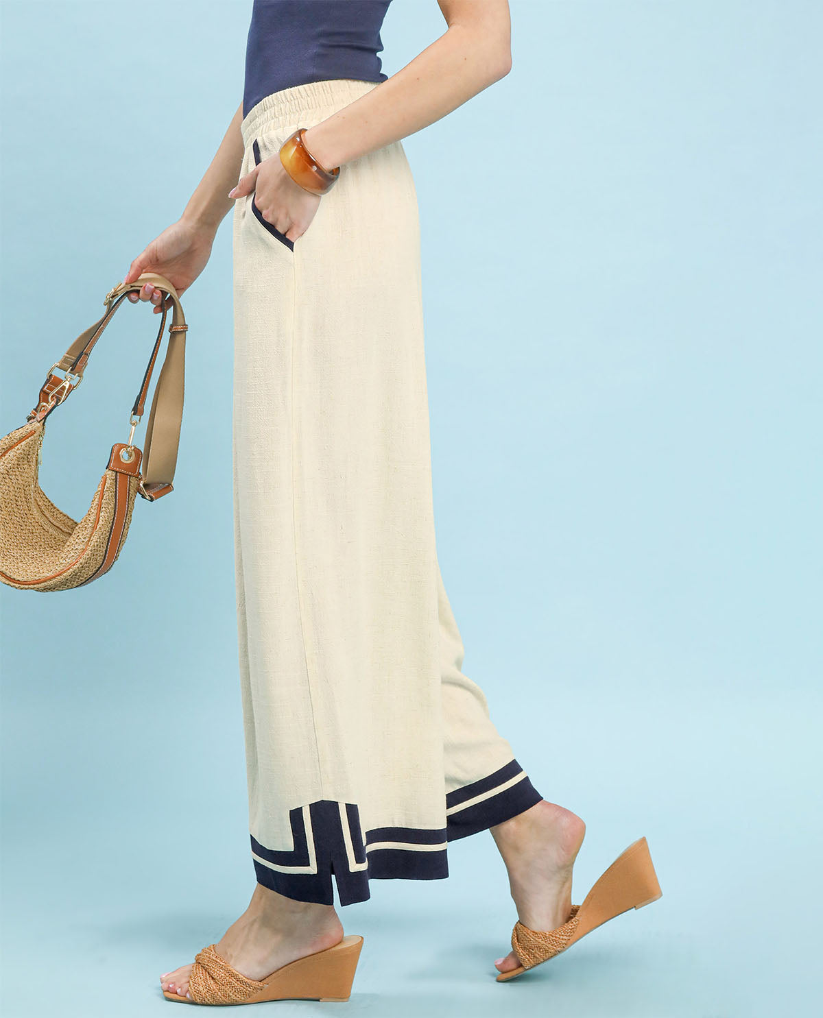 Umgee Solid Trim Wide Leg Pant Oatmeal