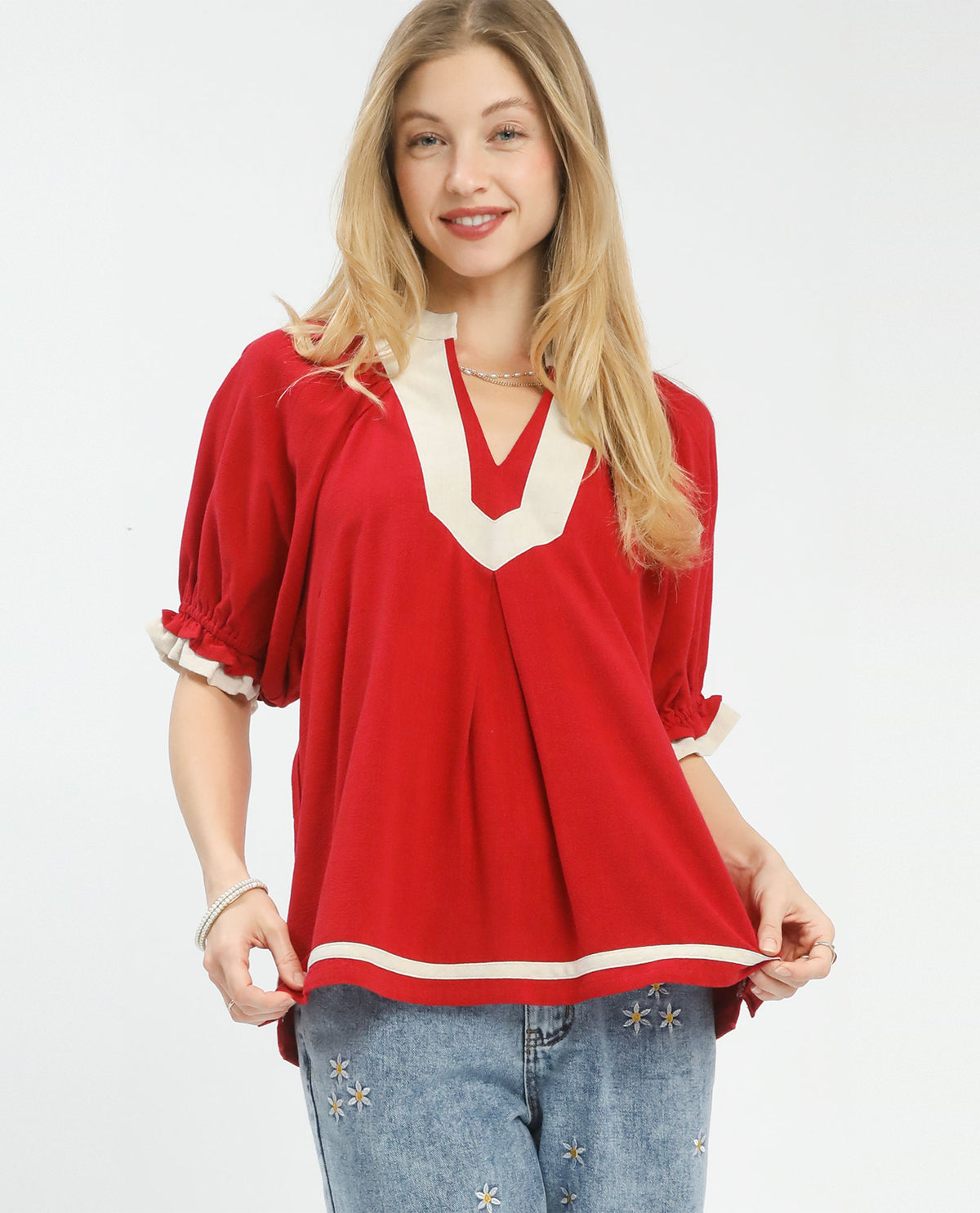 Umgee Linen Babydoll Top With Contrast Trim Red
