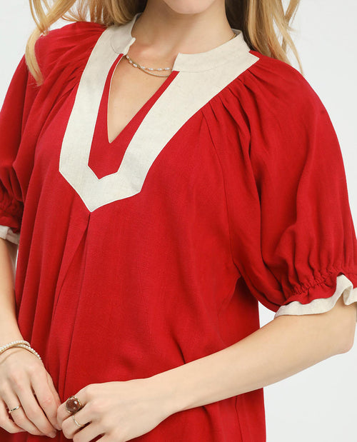 Umgee Linen Babydoll Top With Contrast Trim Red