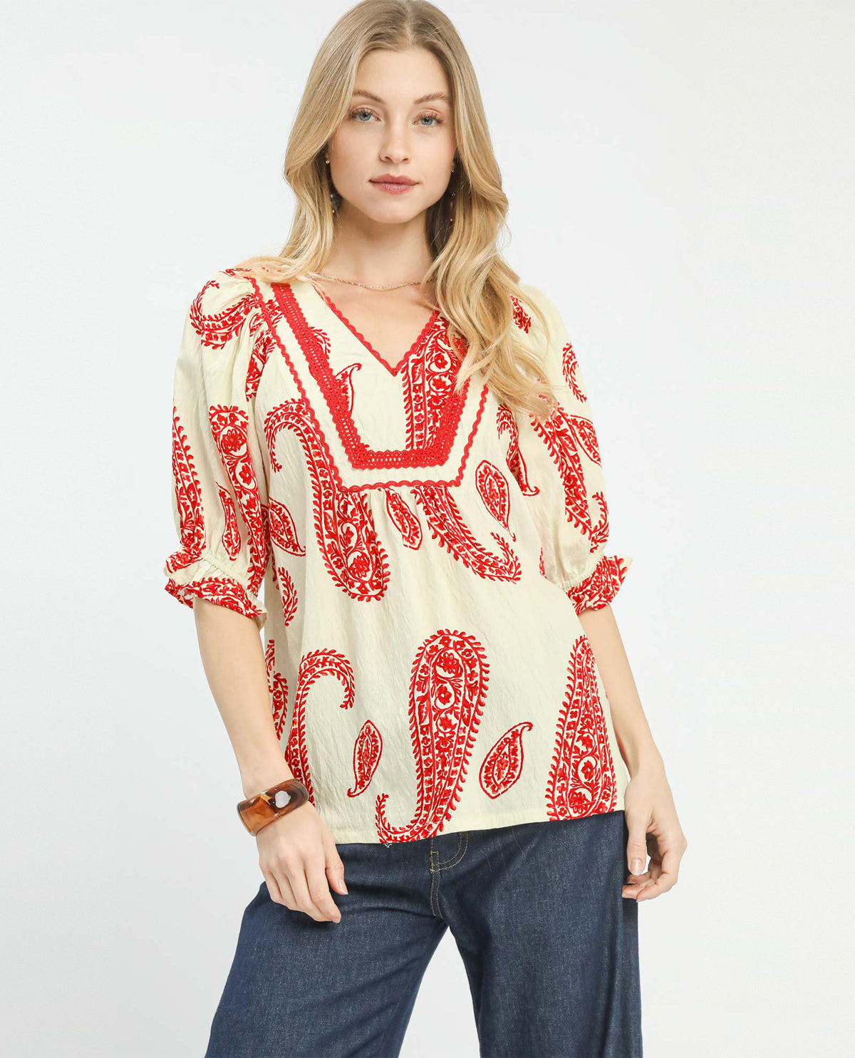 Umgee Paisley Print V-Neck Top Red