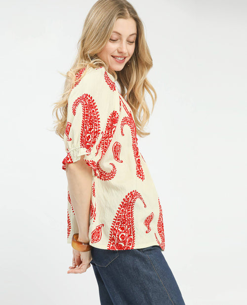 Umgee Paisley Print V-Neck Top Red