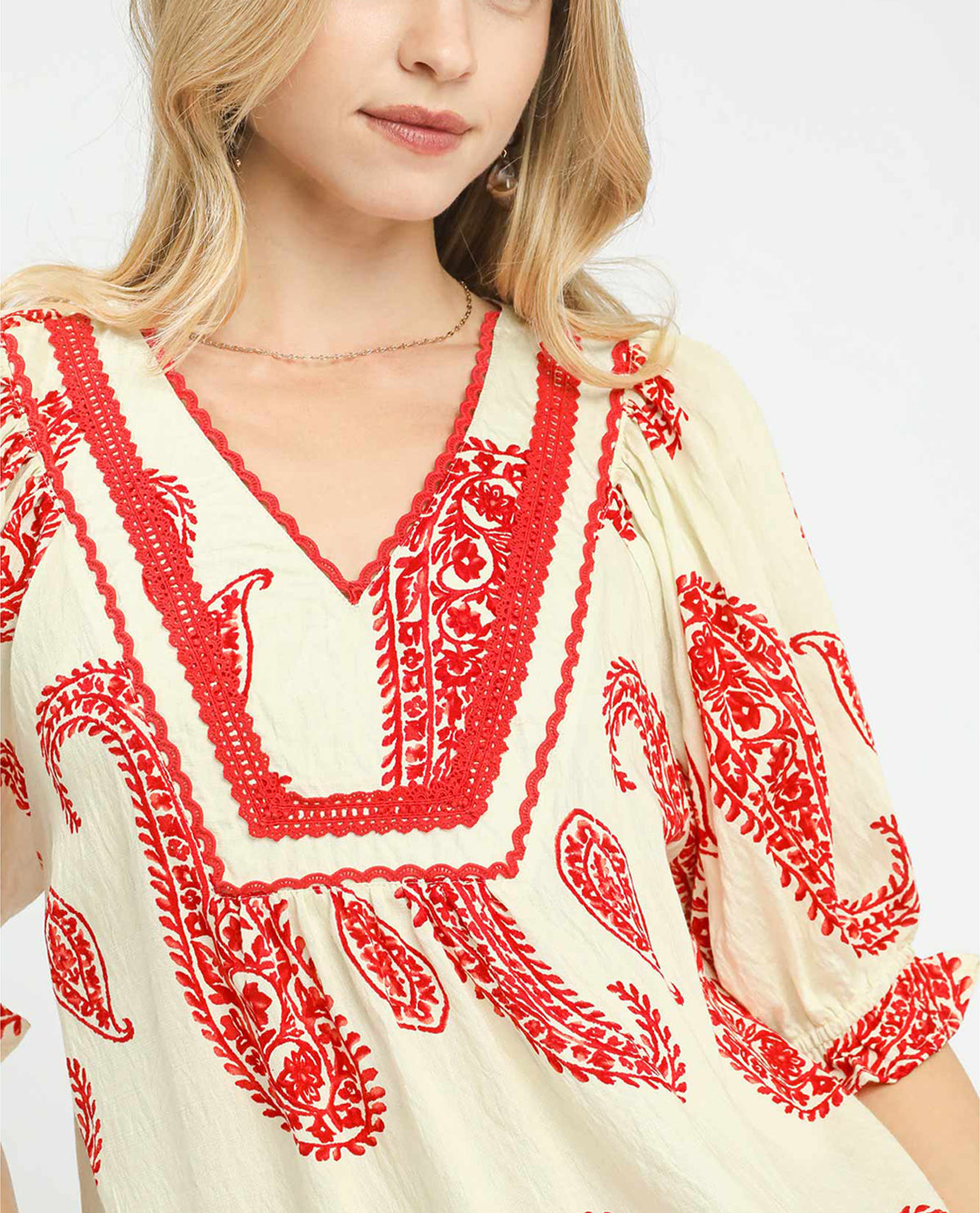 Umgee Paisley Print V-Neck Top Red
