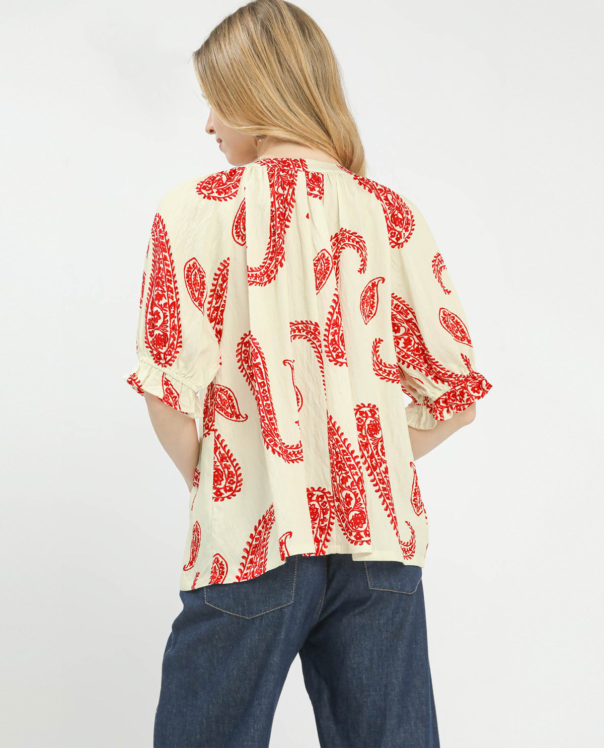 Umgee Paisley Print V-Neck Top Red