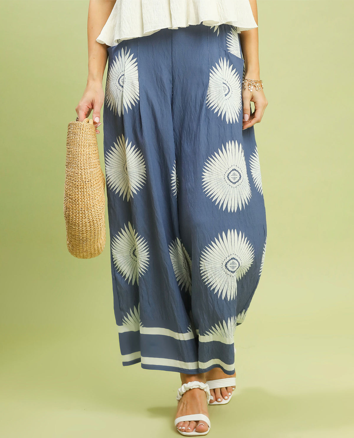 Umgee Wide Leg Print Pant Denim Blue