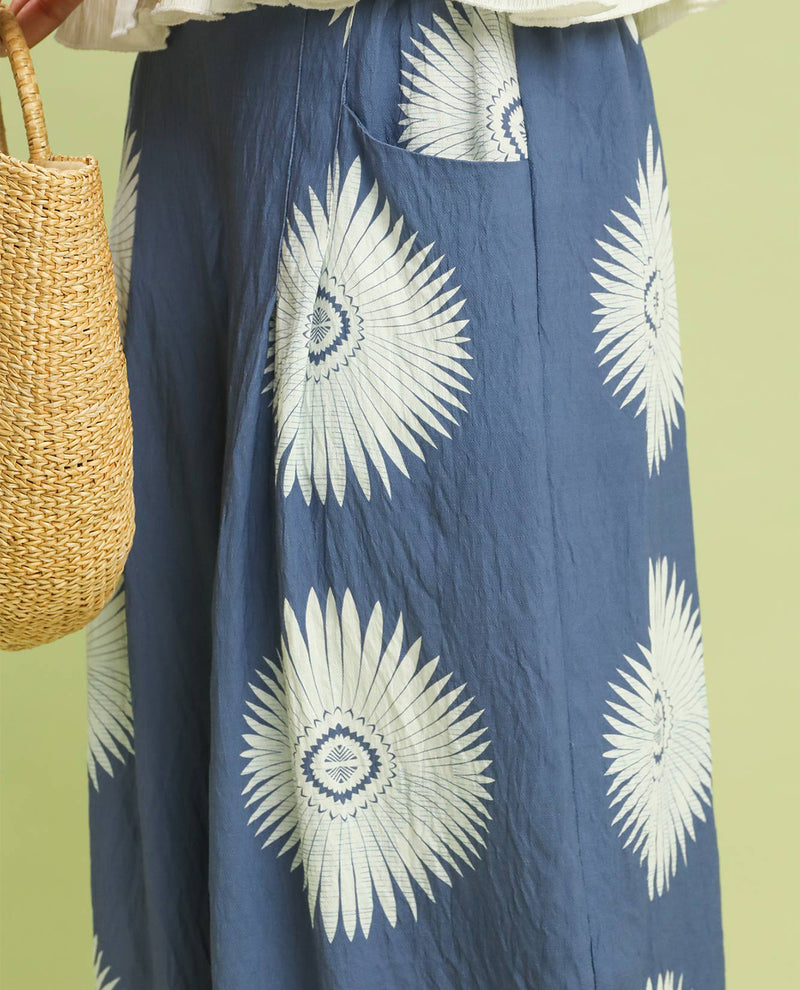 Umgee Wide Leg Print Pant Denim Blue