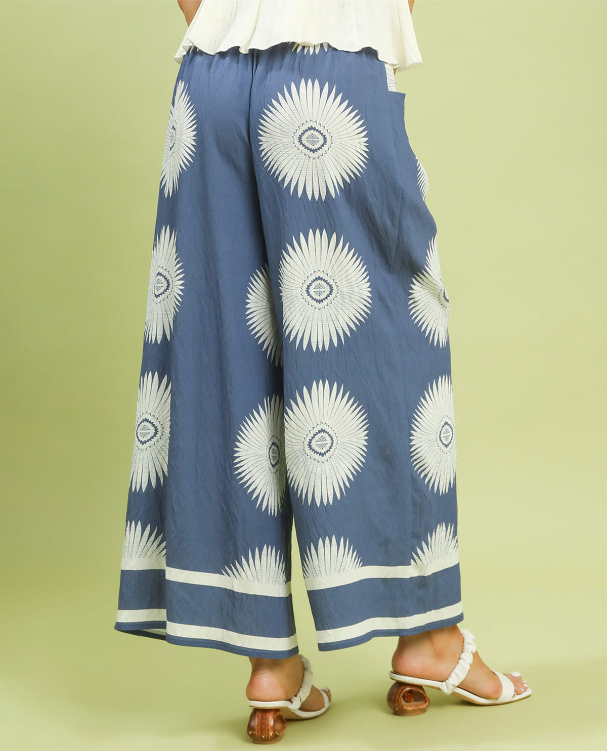 Umgee Wide Leg Print Pant Denim Blue
