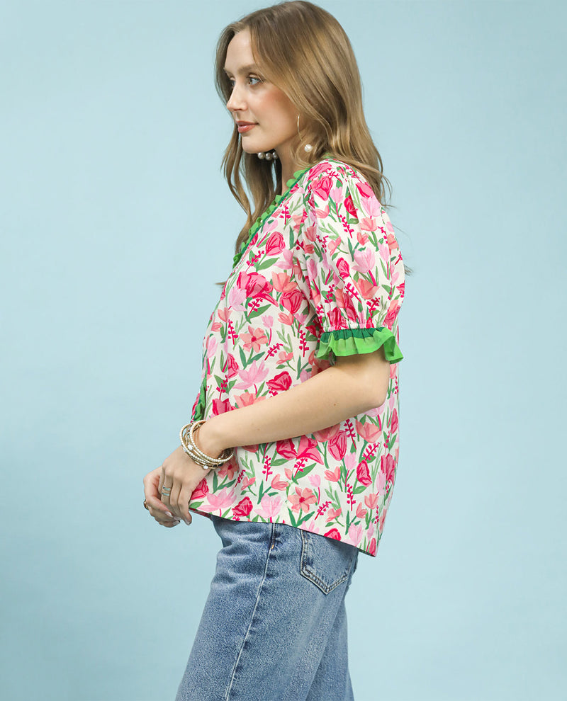 Umgee Floral Print Ruffle Trim Top Pink