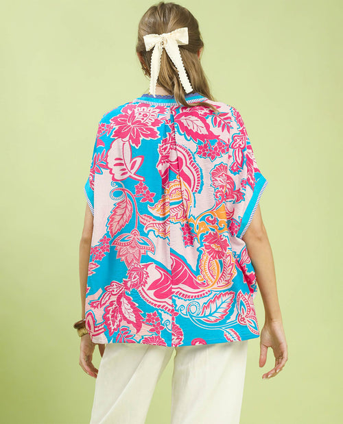 Umgee Abstract Print Oversized Top With Lace Trim Blue