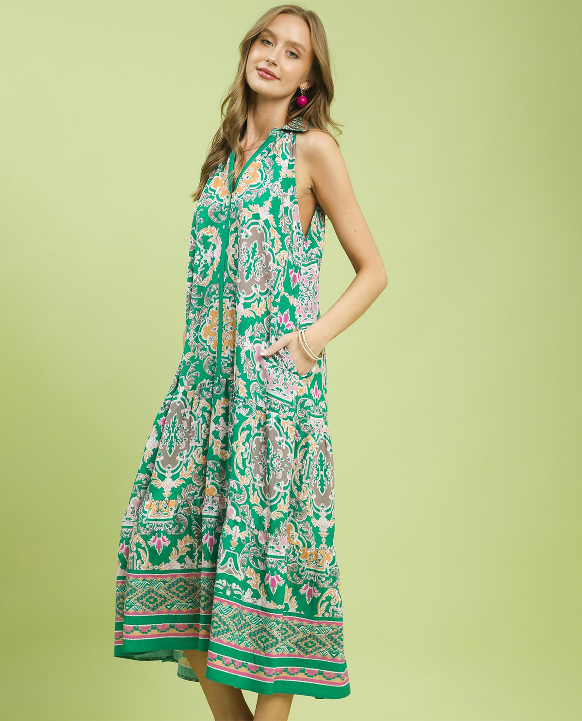 Umgee Border Print Tiered Dress Emerald