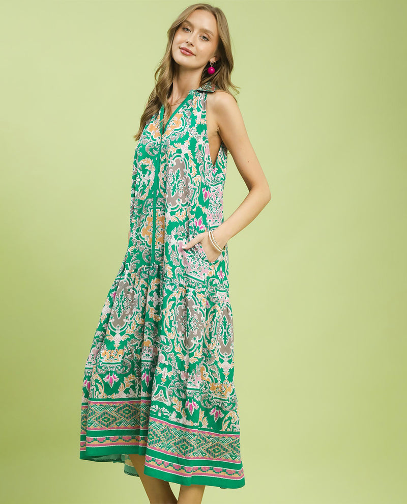 Umgee Border Print Tiered Dress Emerald