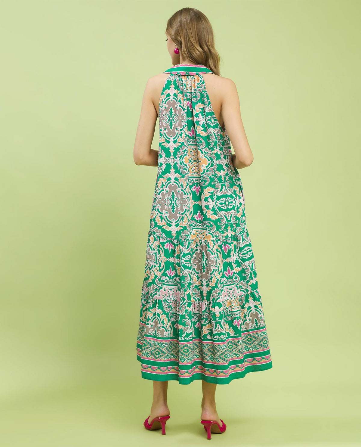 Umgee Border Print Tiered Dress Emerald