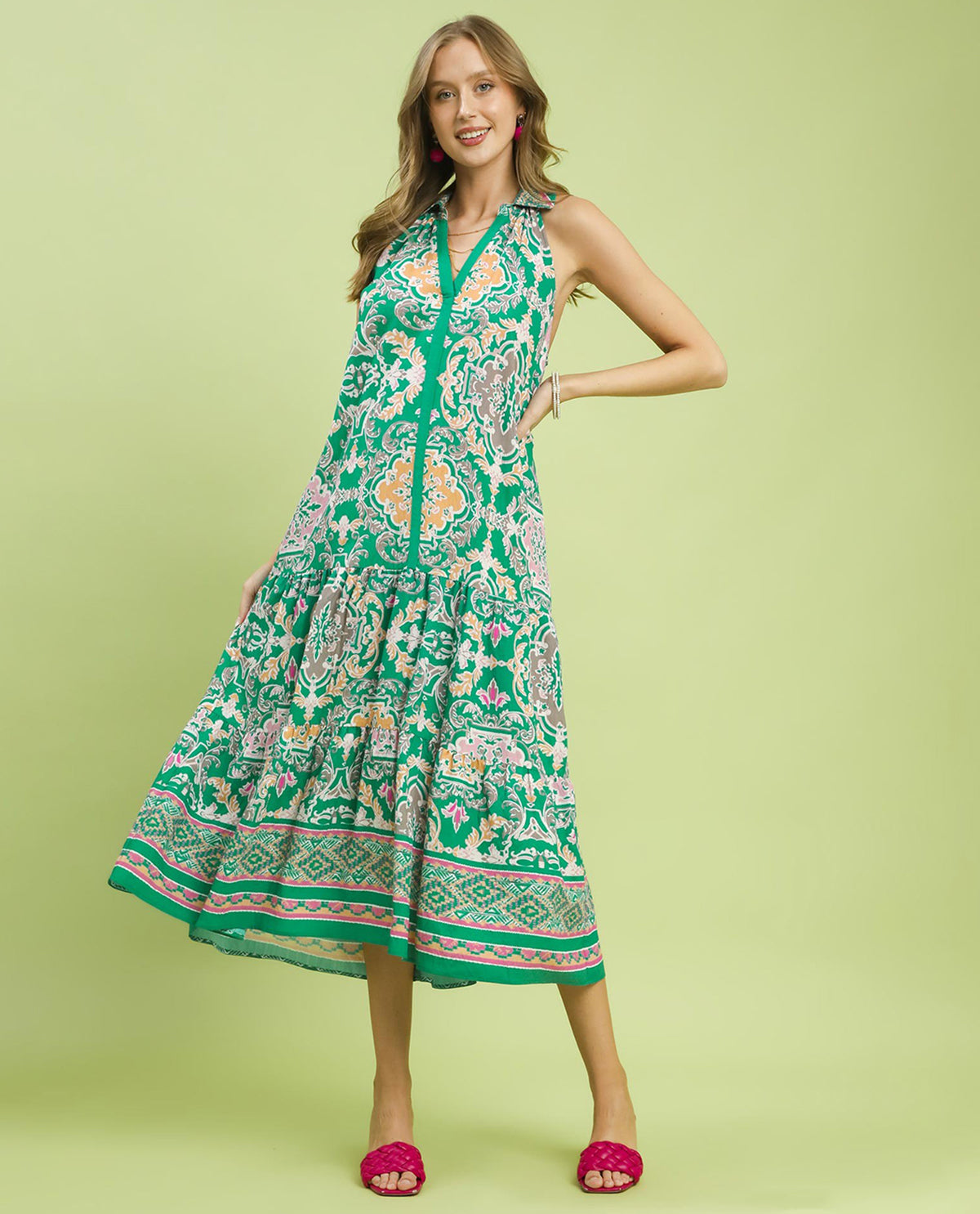 Umgee Border Print Tiered Dress Emerald