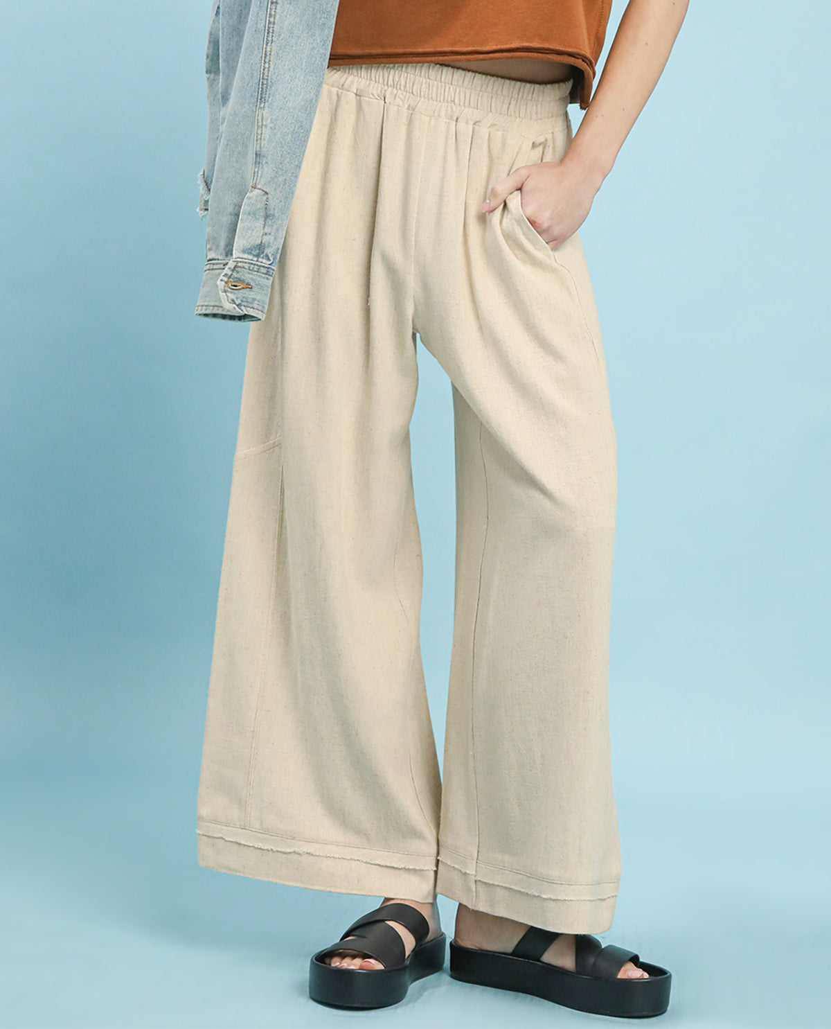 Umgee Solid Wide Leg Pant Oatmeal