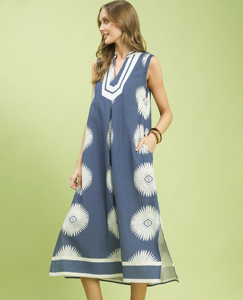 Umgee Sleeveless Geometric Print Dress Denim Blue