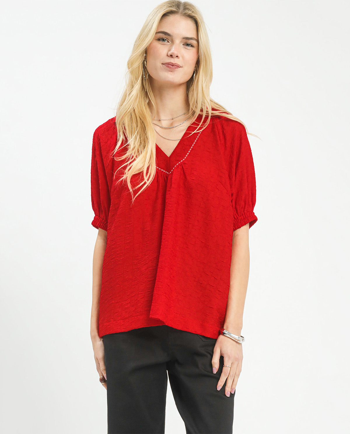 Umgee Solid Texture V-Neck Top Red