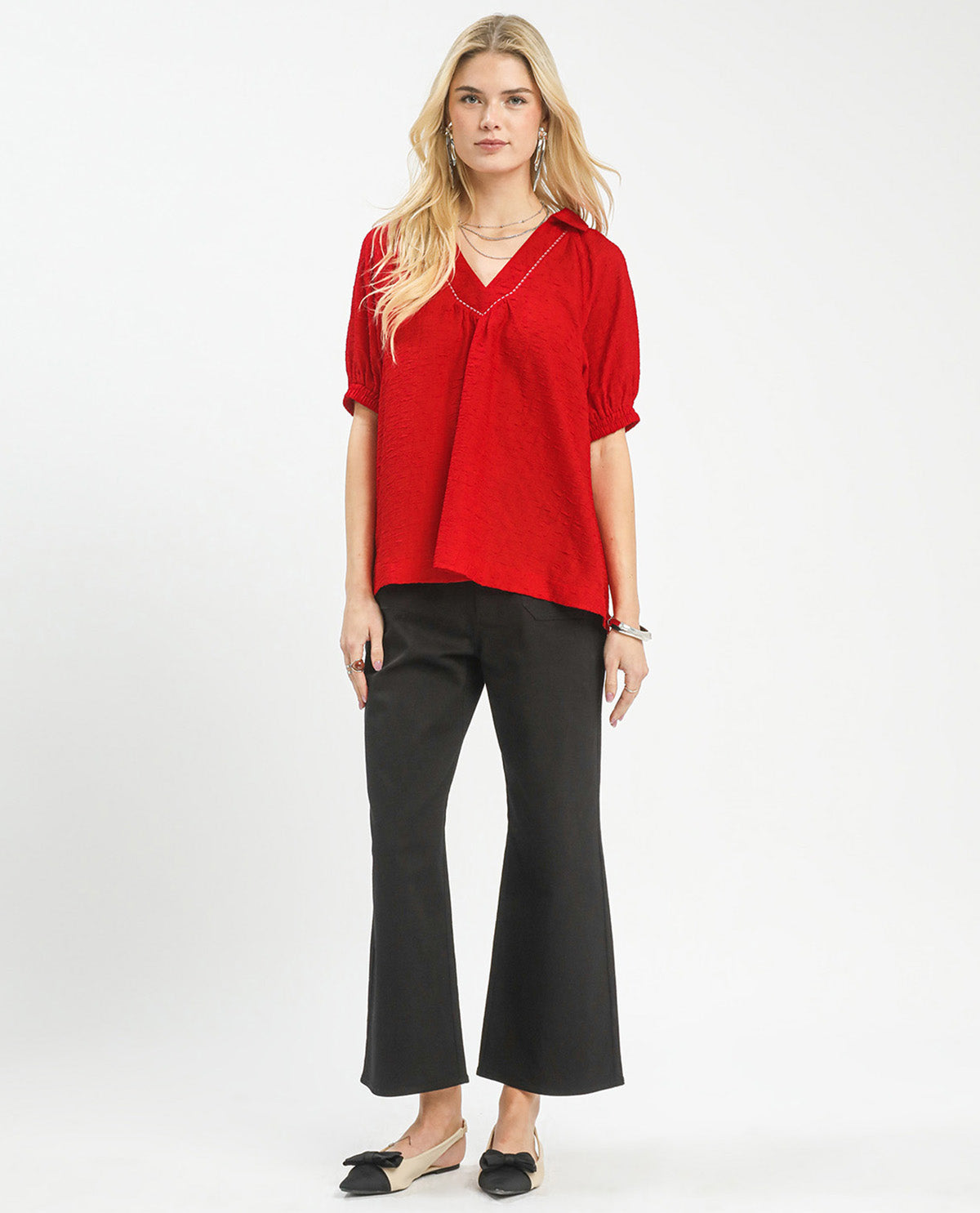 Umgee Solid Texture V-Neck Top Red