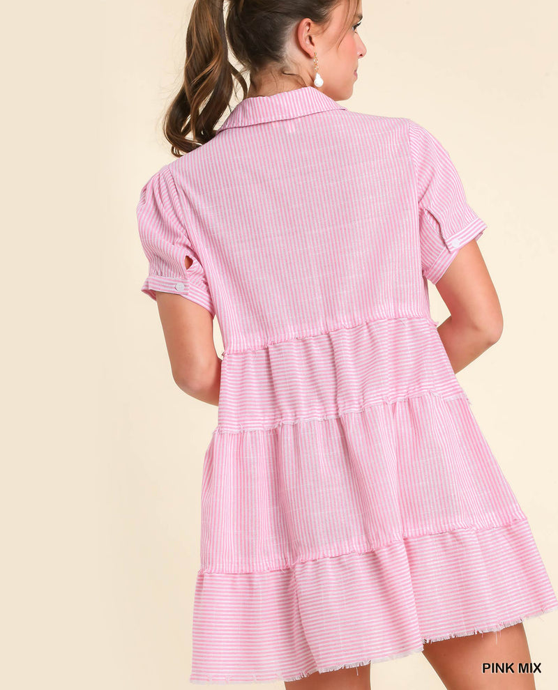 1/2 Button Up Tiered Striped Dress