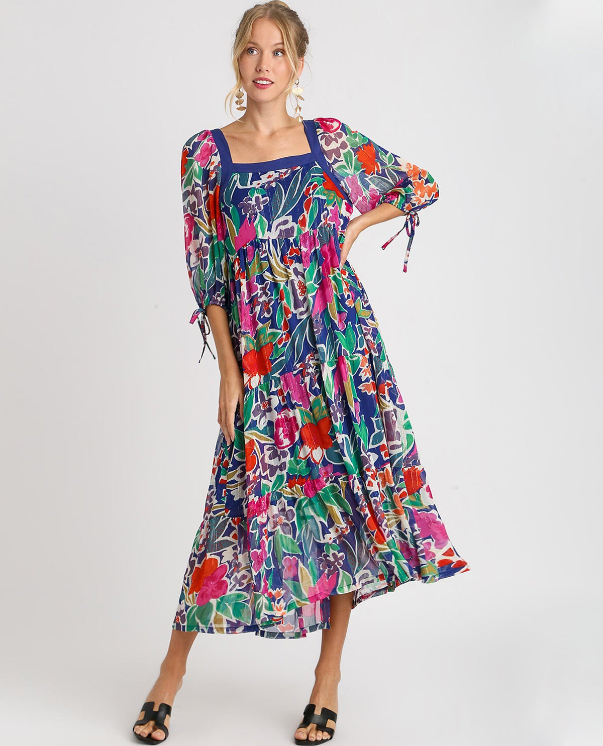 Lurex Metallic Floral Print Midi Dress