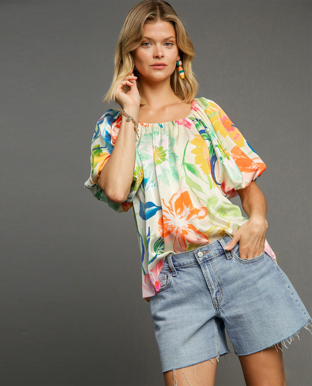 Pleated Floral Print Round Neck Top