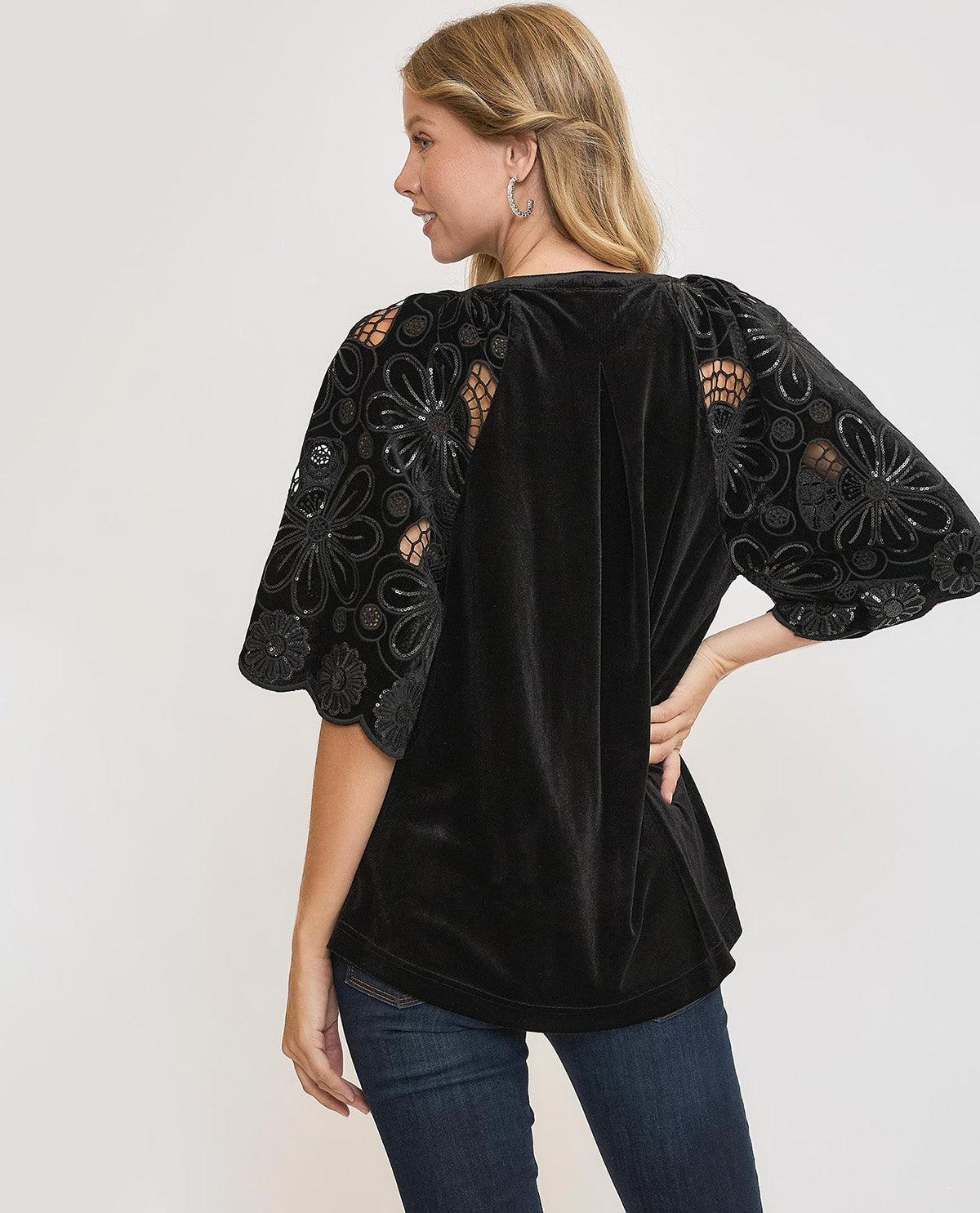 Velvet Top with Floral Sleeve