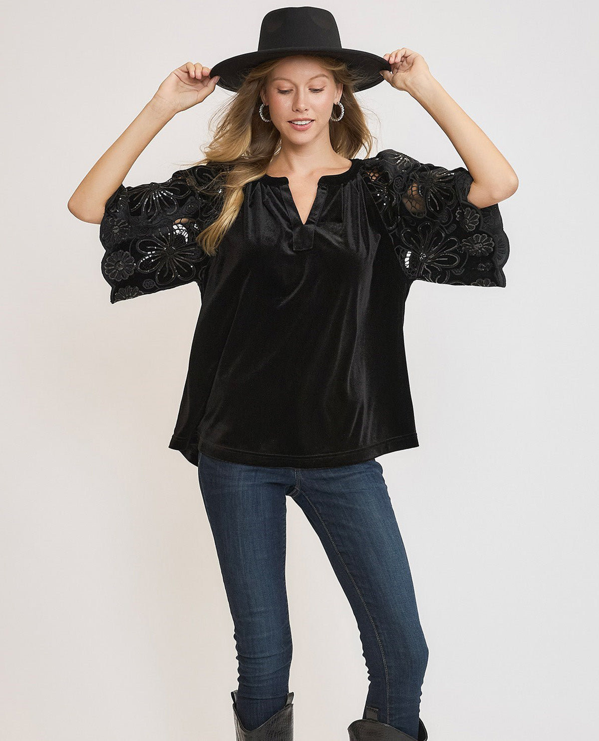 Velvet Top with Floral Sleeve