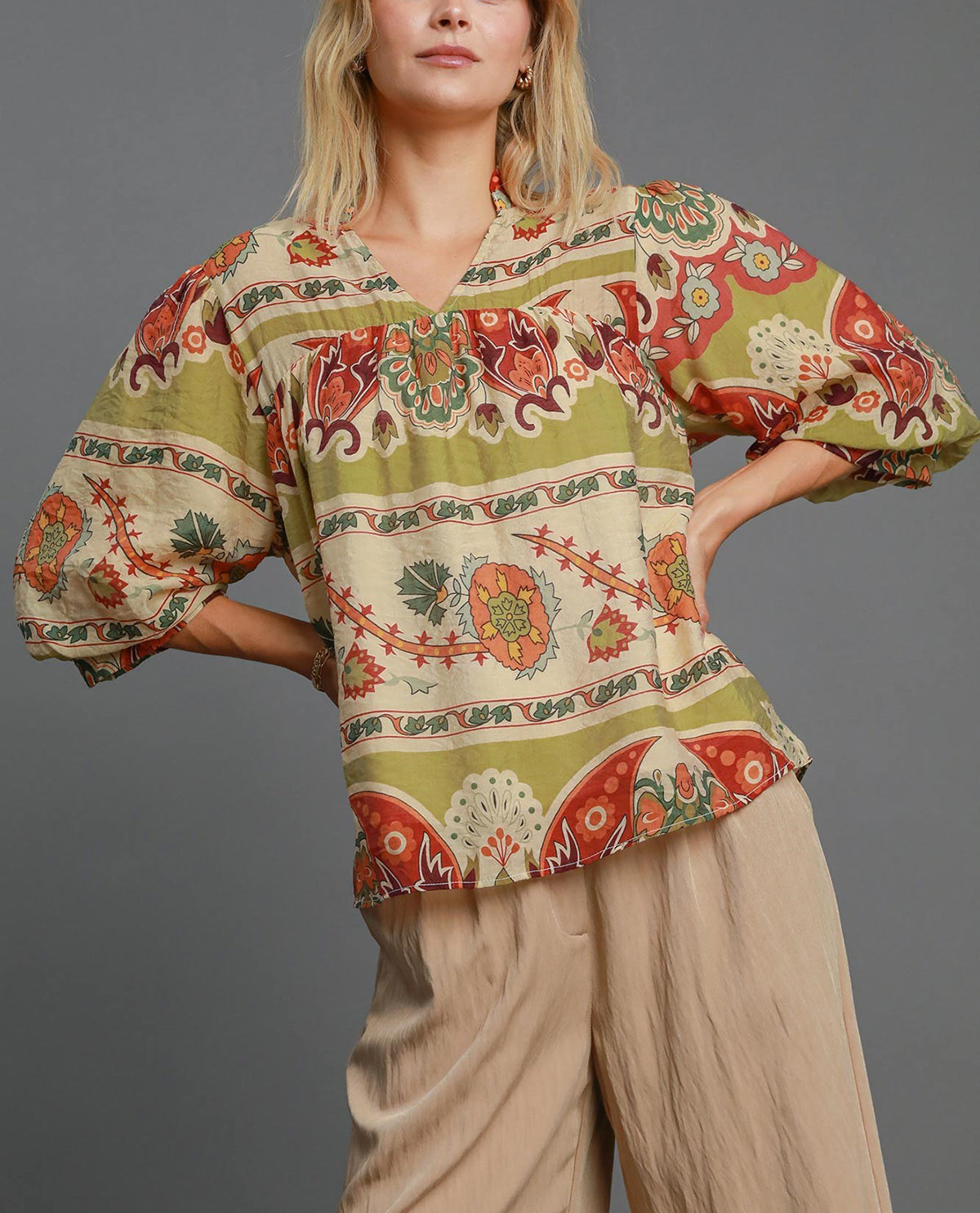 Border Print Split Neck Top