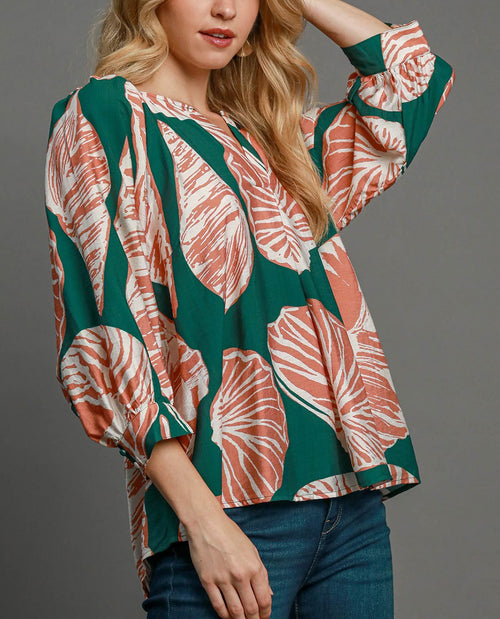 Floral Print Top with Bubble Sleeves