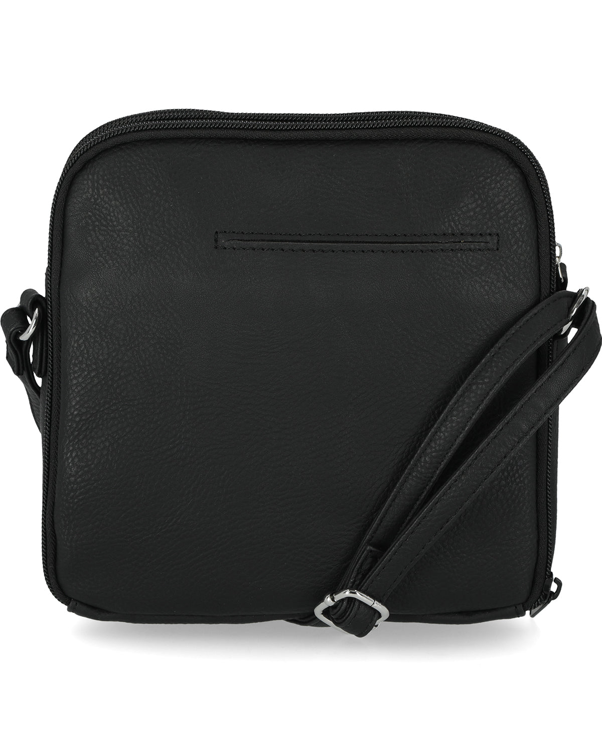 Black leather crossbody bag on a white background