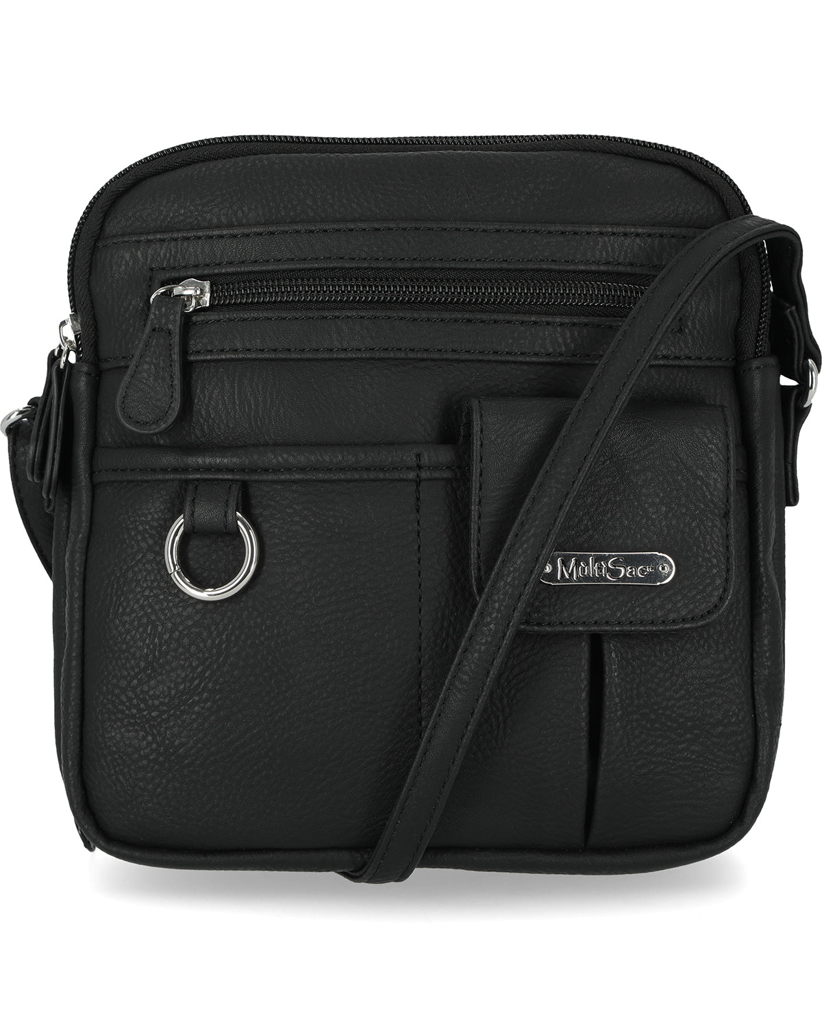 Black crossbody bag with visible brand logo on a white background