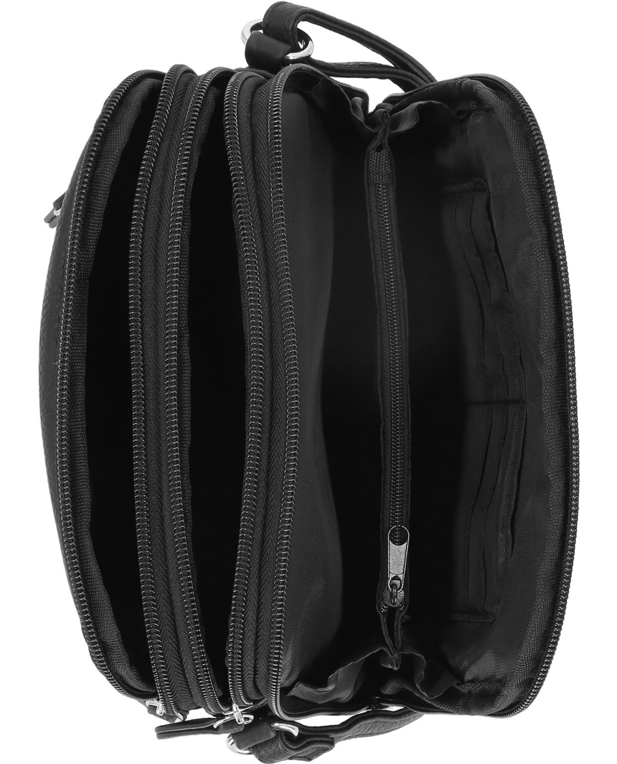 Black bag with multiple zippers on a white background