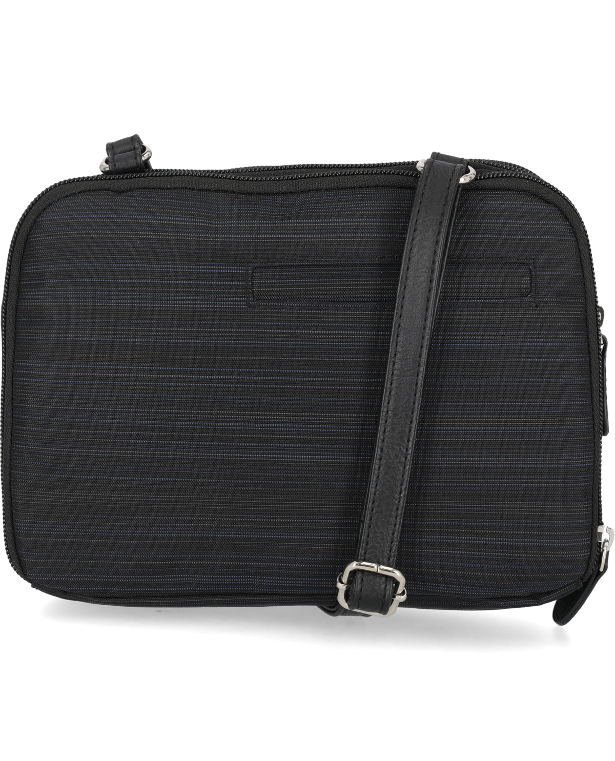 Black textured crossbody bag with a strap on a white background