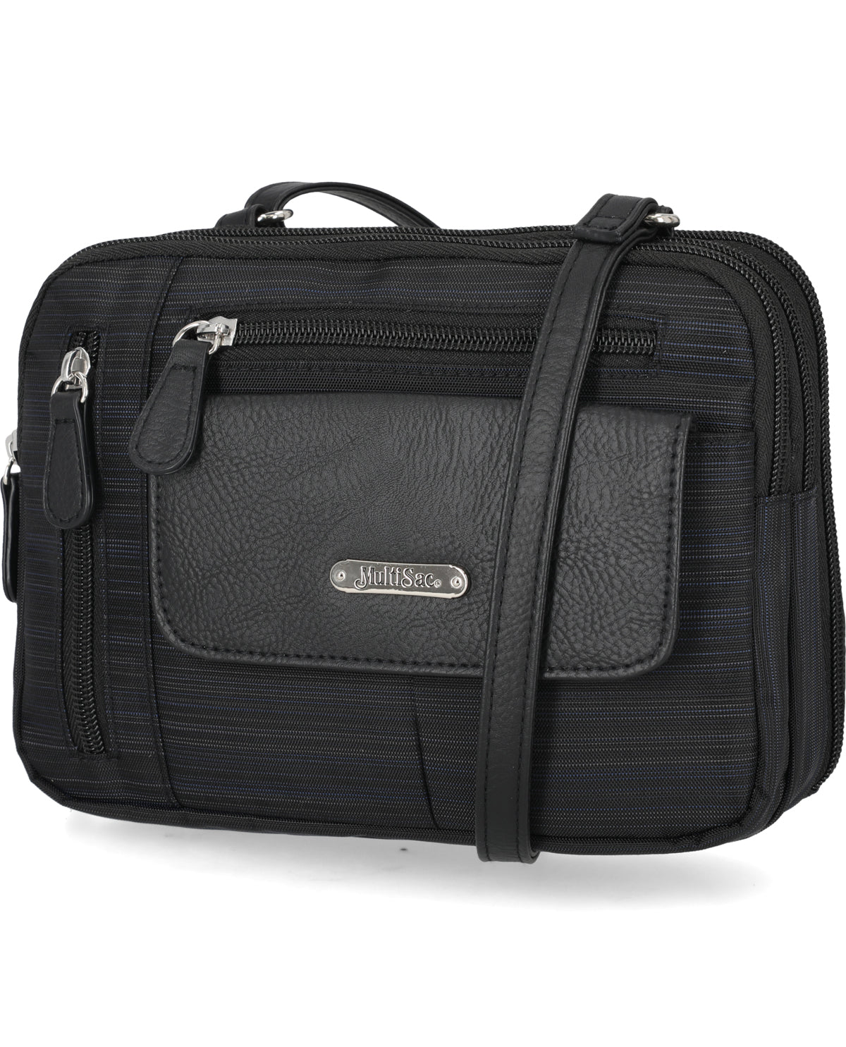 Black crossbody bag with visible brand logo on a white background